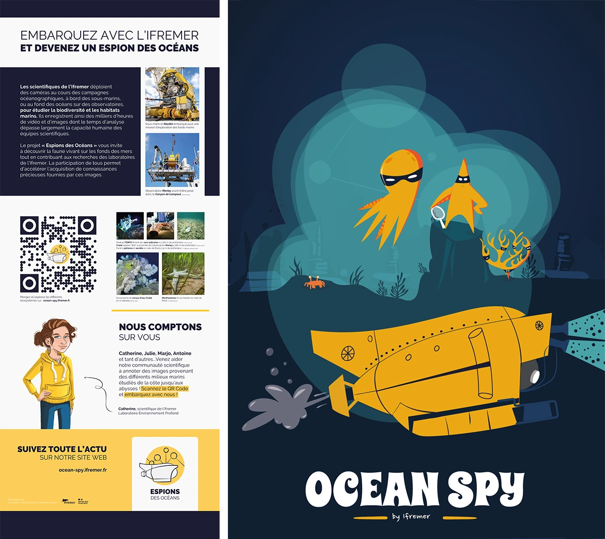 Nicolas-Roullet_Ocean-Spy_Rollup_Ifremer Livret Nicolas Roullet Ifremer Ocean Spy Catherine Borremans Julie Tourolle Marjolaine Matabos Thalassa Laboratoire environnement profond benthique Kakemono Illustration poster